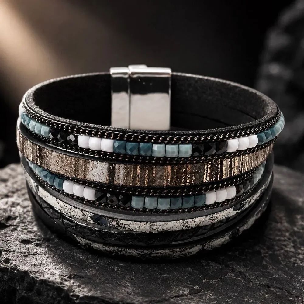 Black & White Multi-Strand Beaded Magnetic Clasp Cuff Bracelet